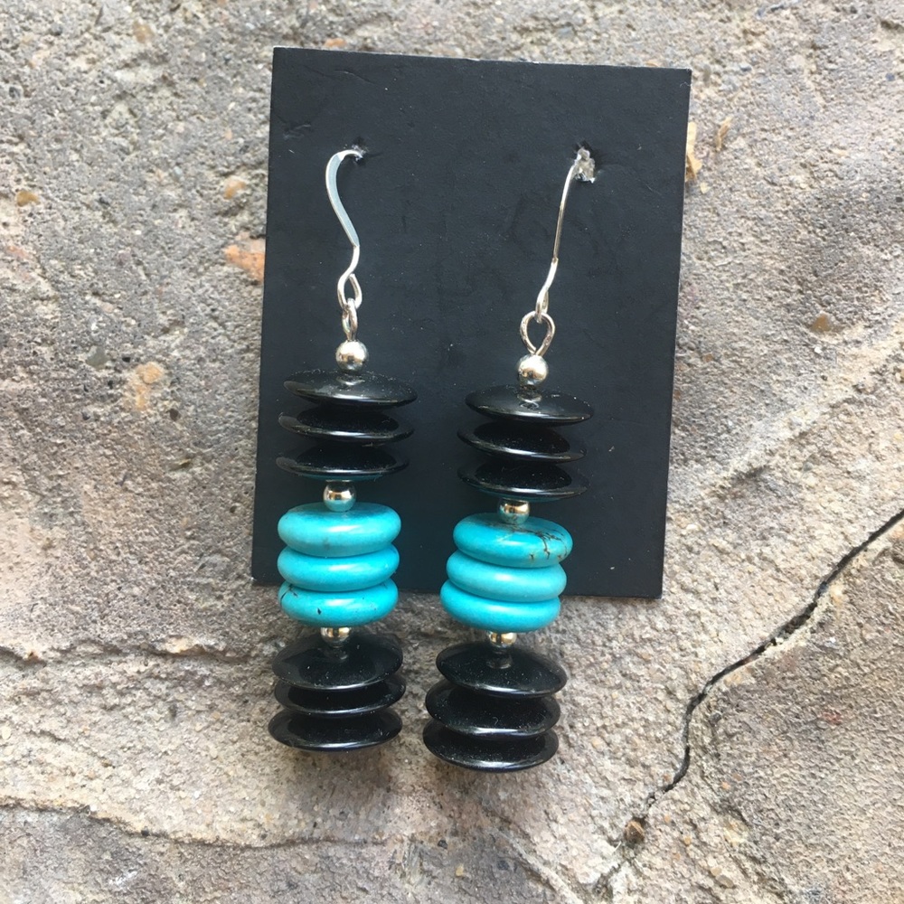 Sterling silver, black onyx, and turquoise earring
